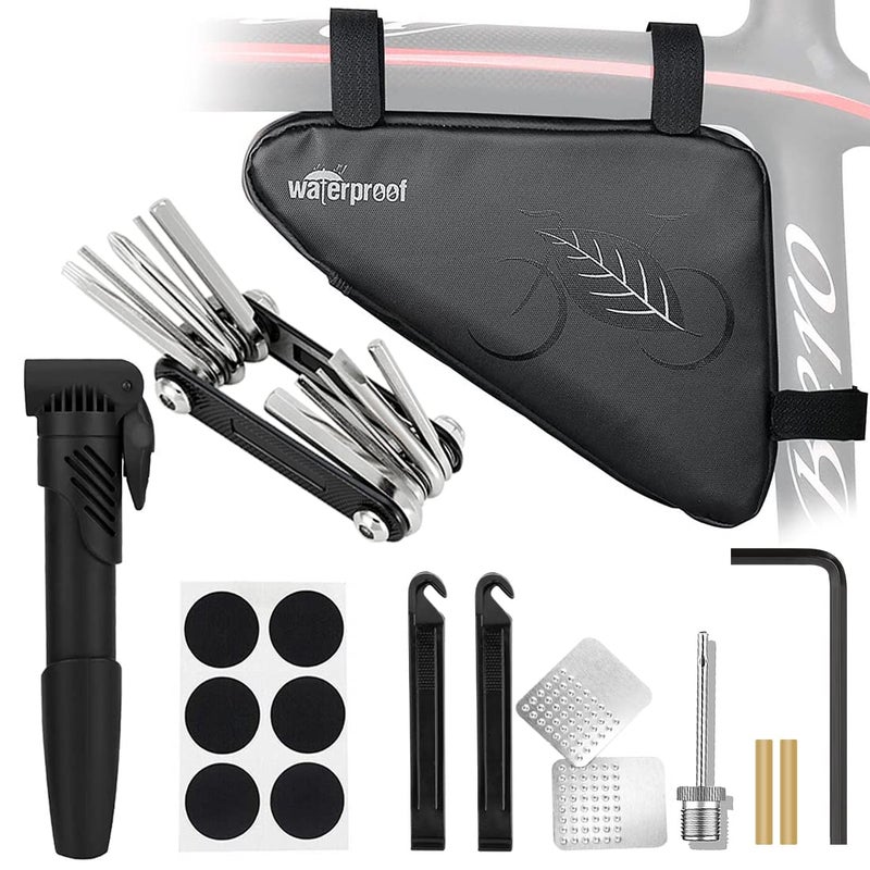 WOTOW Bike Tire Repair Tool Kit, Waterproof Frame Storage Bag & Mini Bike Pump & 11 in 1 Multitool & Bicycle Tyre Lever Patch Portable Repair Tool Accessories Set for Road Mountain BMX Cycling(11) - Image 1